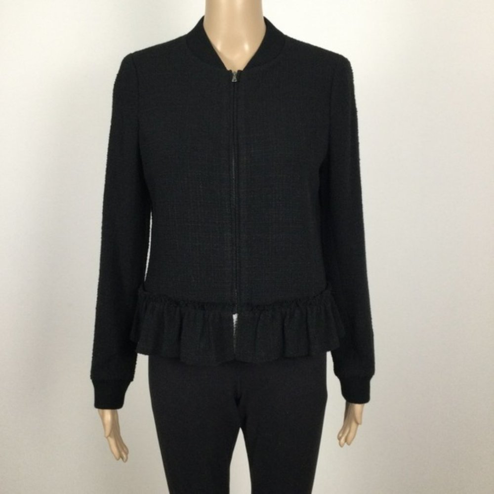 REBECCA TAYLOR Black Bomber Style  Jacket, Ruffle Peplum, 6